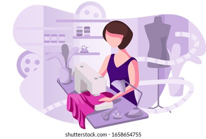 
Girl seamstress at work. Fashion designer. Clothes design, women sew apparel. Sewing studio. Dressmaking business, atelier advertising poster concept. Sewing machine. Hobbies, needlework