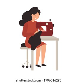 Girl seamstress at the workplace. A woman works on a sewing machine. Vector illustration.