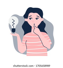 Girl search creative idea. Finding new ideas concept. Simple flat vector.