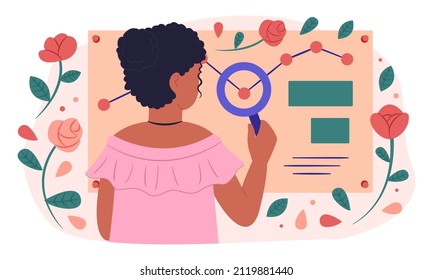 The girl searches for information. Self improvement. Improving the quality of life. Woman with magnifying glass. Self care. Vector flat illustration.