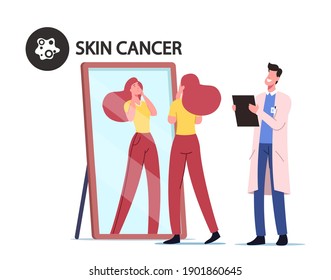 Girl Searching Dangerous Birthmarks on Face front of Mirror, Doctor Dermatologist Oncologist Make Notes in Clipboard. Characters Skin Cancer Prevention, Awareness. Cartoon People Vector Illustration