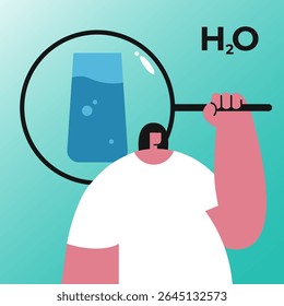Girl searching drinking clean fresh water. Healthy hydration with pure water liquid. Character with glass. Flat vector illustration on white background.