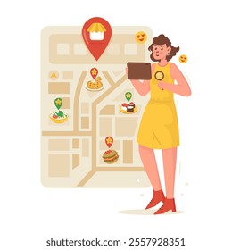 A girl searching food store location, A woman is looking at an online map, Food review vlogger, Vector illustration