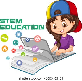 Girl searching on laptop with stem education logo cartoon style isolated on white background illustration