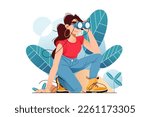 Girl searching for something, using binoculars. Exploration and discovery concept, vector illustration.