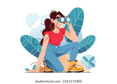 Girl searching for something, using binoculars. Exploration and discovery concept, vector illustration.