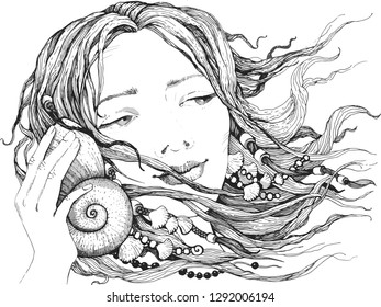 The girl with the seashell. Vector illustration.