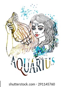 Girl with seashells and a sign of Aquarius
