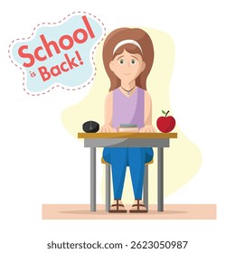 Niña sentada en la escuela. Ilustración vectorial