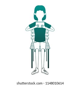 Girl seated on chair using portable videogame faceless blue lines