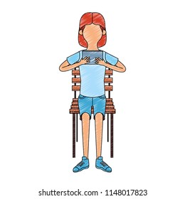 Girl seated on chair using portable videogame scribble faceless