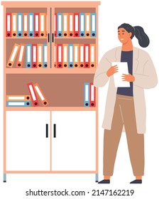 Girl secretary assistants near bookcase with folders vector illustration. Woman in lab coat working with scientific documents on bookshelves. Scientist while working with information documents