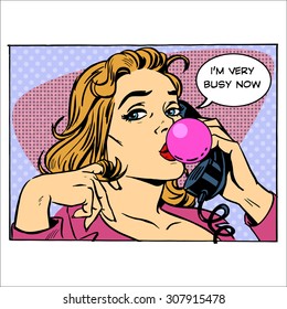 Girl Secretary businesswoman talking on the phone I am busy. Lies laziness communication retro style pop art