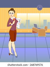 Girl secretary with documents in the office.