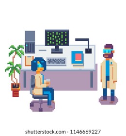 Girl secretary in the office and assistant lab assistant man character. Woman in medical gown sitting at computer in laboratory. Pixel art isolated vector illustration.