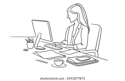 Secretaria sentada en la computadora aislada sobre fondo blanco. Dibujo de arte de línea de oficina. Ilustración vectorial