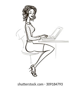 The girl secretary typing on a laptop at the table. Vector illustration.