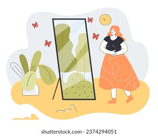 Girl seeing reflection of forest in mirror vector illustration. Cartoon drawing of narcissist seeing beauty of nature in mirror. Nature, narcissism, inner peace concept