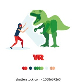 Girl sees a dinosaur. VR glasses. Illustrates the technology of virtual reality. Glasses, games and so on.