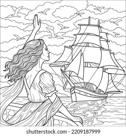 The girl sees the ship sailing on the pier. Coloring book antistress for children and adults. Illustration isolated on white background. Hand draw.