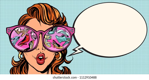 Girl sees women shoes. surprised reaction. Comic cartoon pop art retro vector illustration drawing