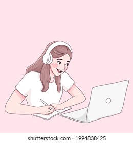 Girl self online learning illustration design of vector. Study from home. Work from home. 