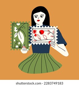 A girl with self-care spends time on her favorite hobby. A woman collects postage stamps with flowers. Vector illustration in hand drawn style. Art poster, postcard
