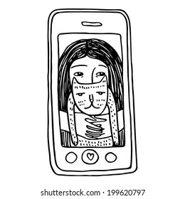 Girl selfie with cat outline.