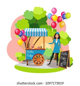 Girl seller in blue uniform. A trolley with coffee, cakes and a menu board. Park with trees in the sunset. Celebration. Vector illustration.


