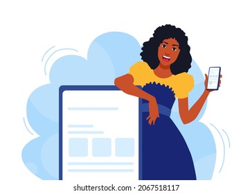 A Girl Seller Showing A Smartphone. A Saleswoman Advertising Mobile Phone. A Template With Copy Space. A Vector Cartoon Illustration.