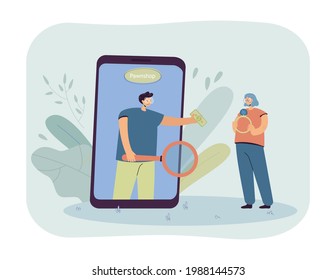 Girl selling her jewelry through online pawnshop. Man on mobile phone with magnifier buying gold ring during pandemic flat vector illustration. Lombard, deal, covid concept