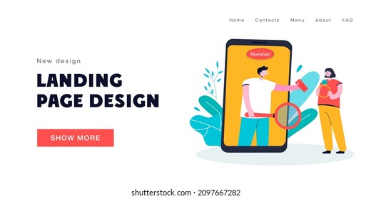 Girl selling her jewelry through online pawnshop. Man on mobile phone with magnifier buying gold ring during pandemic flat vector illustration. Lombard, deal, covid concept