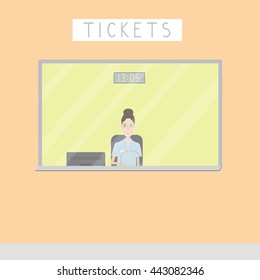 girl selling tickets at the box office on a light background