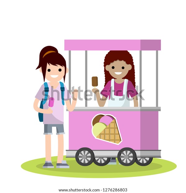 The\
girl sells and buys ice cream in a pink cart. Small summer\
business. The woman-seller and student. The cold sweetness of the\
food for the hot weather. Cartoon flat\
illustration