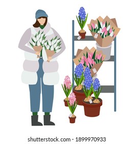 The girl sells flowers, bouquets. Holiday, women's day. Spring flowers. Vector illustration.