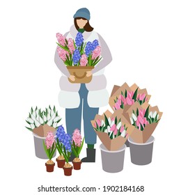 The girl sells flowers. Spring flowers tulip and geacinth, bouquets. Vector illustration. Postcard.