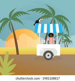 The girl sells ice cream on the street. Street market. Summer Sale. Street food. Ice cream. Summer, vacation, beach, palm trees. Summer landscape.