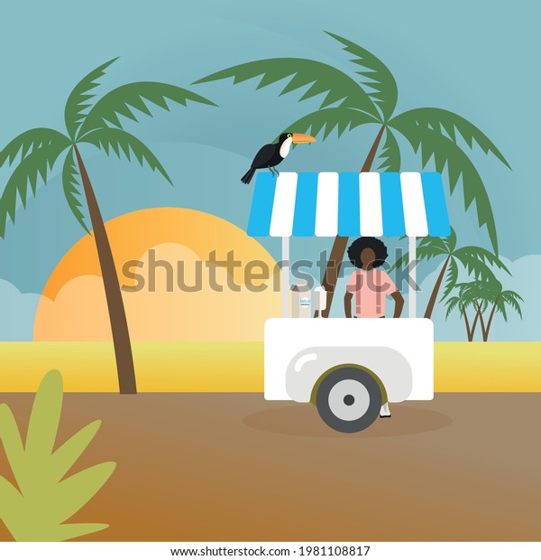 The girl sells ice cream on the street. Street\
market. Summer Sale. Street food. Ice cream. Summer, vacation,\
beach, palm trees. Summer\
landscape.