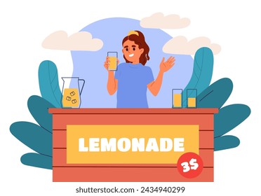 Girl sells lemonade concept. Kid with cold drinks at street. Healthy beverage and drink with vitamins. Market, shop or store. Cartoon flat vector illustration isolated on white background