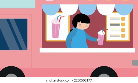 Girl sells a milk shake in an ice cream machine