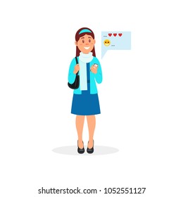 Girl sending message to her boyfriend using dating web site and app on smartphone vector Illustration on a white background