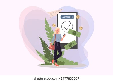 Girl sending money using mobile app vector illustration. Huge smartphone with payment transfer completed. Online transaction system, electronic wallet, banking concept