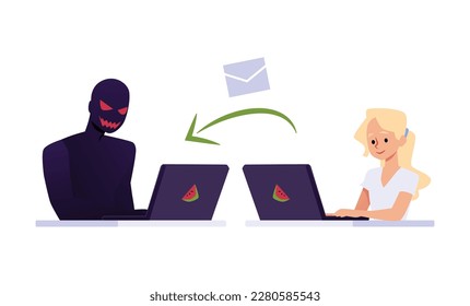 Girl sending personal information to anonymous stranger, flat vector illustration isolated on white background. Children internet safety and phishing concepts. Safe internet use for kids.