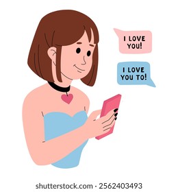 Girl sends the message I love you. Declaration of love by phone. Teenage modern relationships. Happy Valentine's Day Greetings. February 14 celebration card. Vector flat illustration.