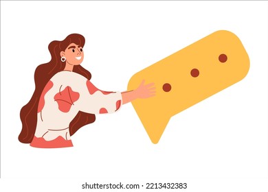The girl sends a message. Talking. Shares his thoughts. Chat. Instant messaging. Flat graphic vector illustration isolated on white