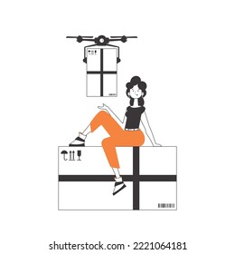 The girl sends a parcel with a drone. Air delivery concept. Minimalistic linear style. Isolated on white background. Vector illustration.