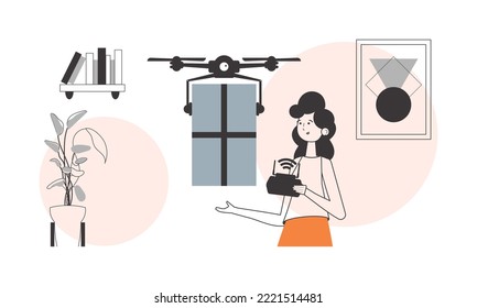 The girl sends a parcel with a drone. Air delivery concept. Linear modern style.