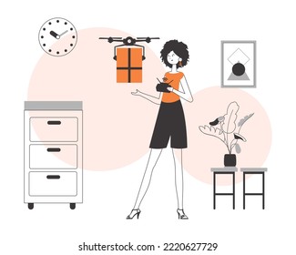 The girl sends a parcel with a drone. The concept of cargo delivery by air. Linear modern style.