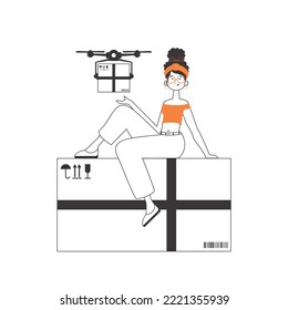 The girl sends a parcel with a drone. The concept of cargo delivery by air. Linear modern style. Isolated on white background. Vector illustration.