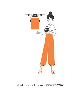 The girl sends a parcel with a drone. Drone delivery concept. Linear modern style. Isolated on white background. Vector illustration.